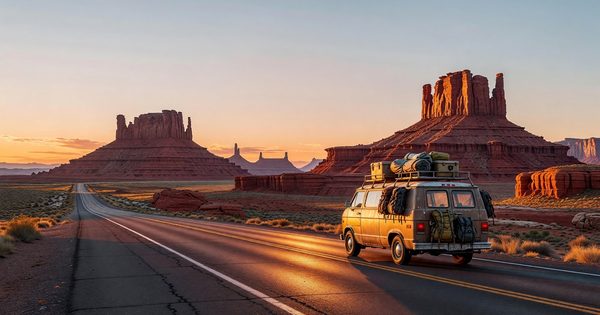 A loaded camper van on a desert highway in southern Utah with red rock mesas and an open sky, late afternoon golden light