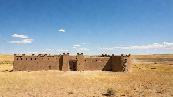 Adobe walls of Bent's Old Fort under Colorado plains sky