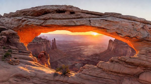 Mesa Arch framing Canyonlands canyon at sunrise, Utah