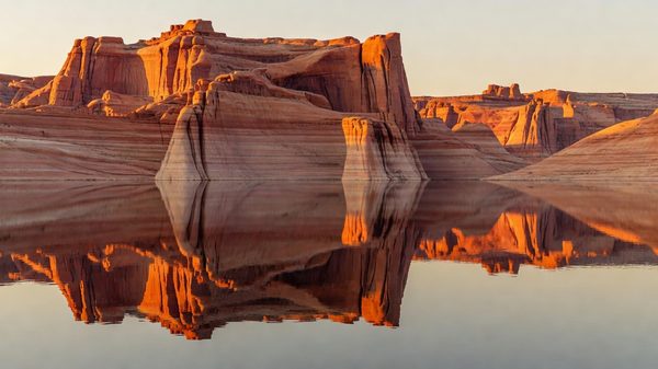 Lake Powell red canyon walls reflected in still water, Glen Canyon