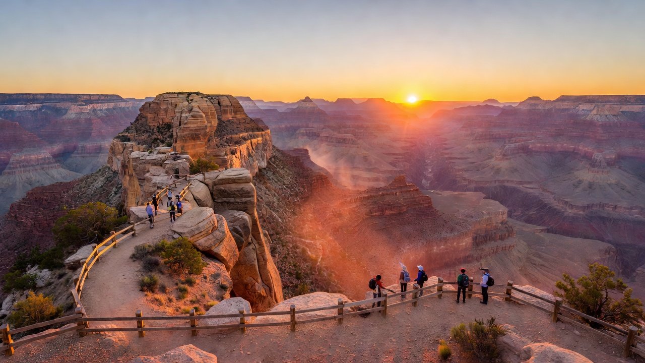 Grand Canyon South Rim at sunrise, layered red and orange rock strata