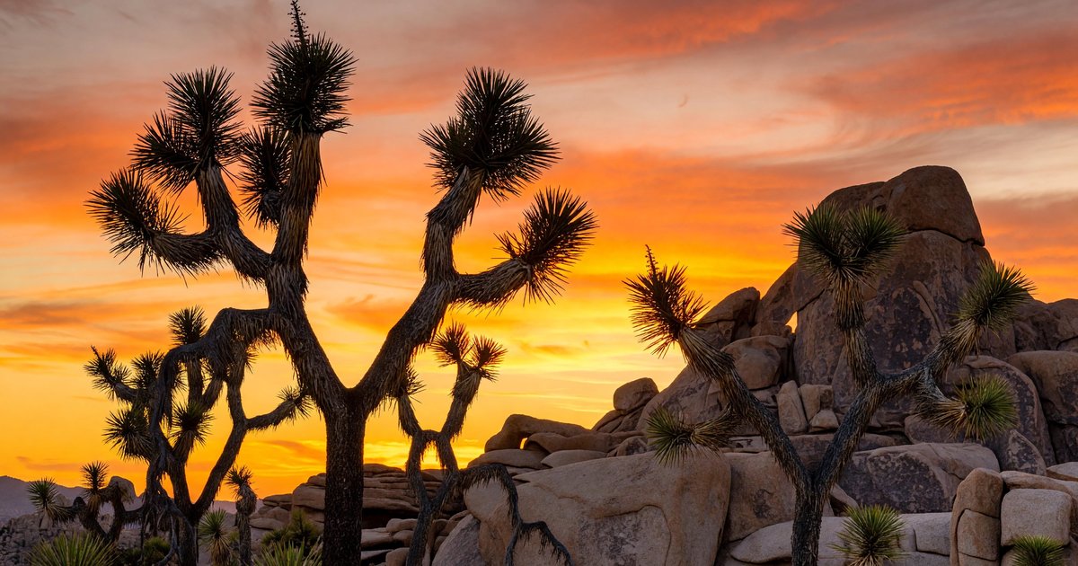 Twisted Joshua trees silhouetted against a blazing orange and pink sunset sky, with granite boulder formations in the background at Joshua Tree National Park