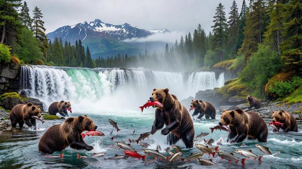 Brooks Falls rushing water at Katmai National Park, Alaska