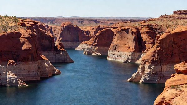 Lake Mead reservoir with red sandstone canyon walls, Nevada