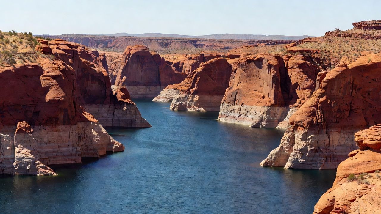 Lake Mead reservoir with red sandstone canyon walls, Nevada