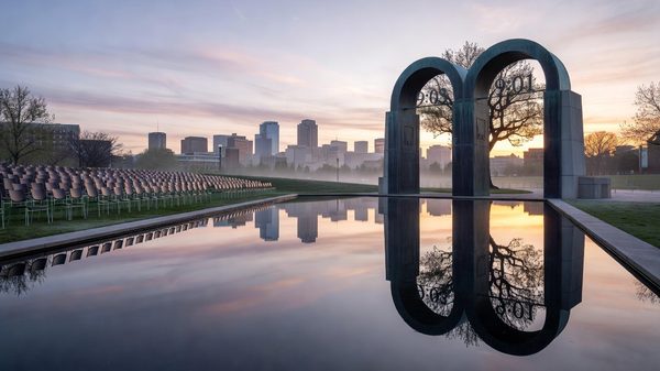Oklahoma City National Memorial reflecting pool and empty chairs at dawn