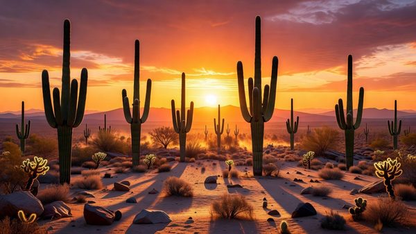 Saguaro cacti silhouetted against brilliant desert sunset, Arizona