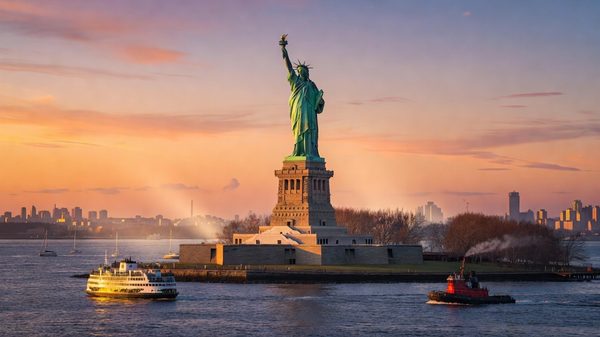 Statue of Liberty with New York Harbor and Manhattan skyline at golden hour