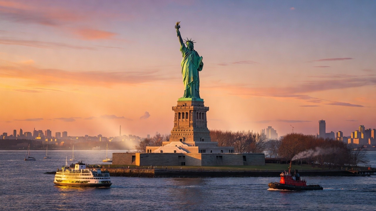 Statue of Liberty with New York Harbor and Manhattan skyline at golden hour