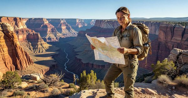 A first-time visitor standing at a scenic overlook in a national park, consulting a map, expansive canyon landscape behind them under blue sky