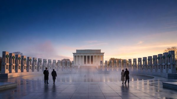 World War II Memorial at dawn with granite pillars and Capitol dome