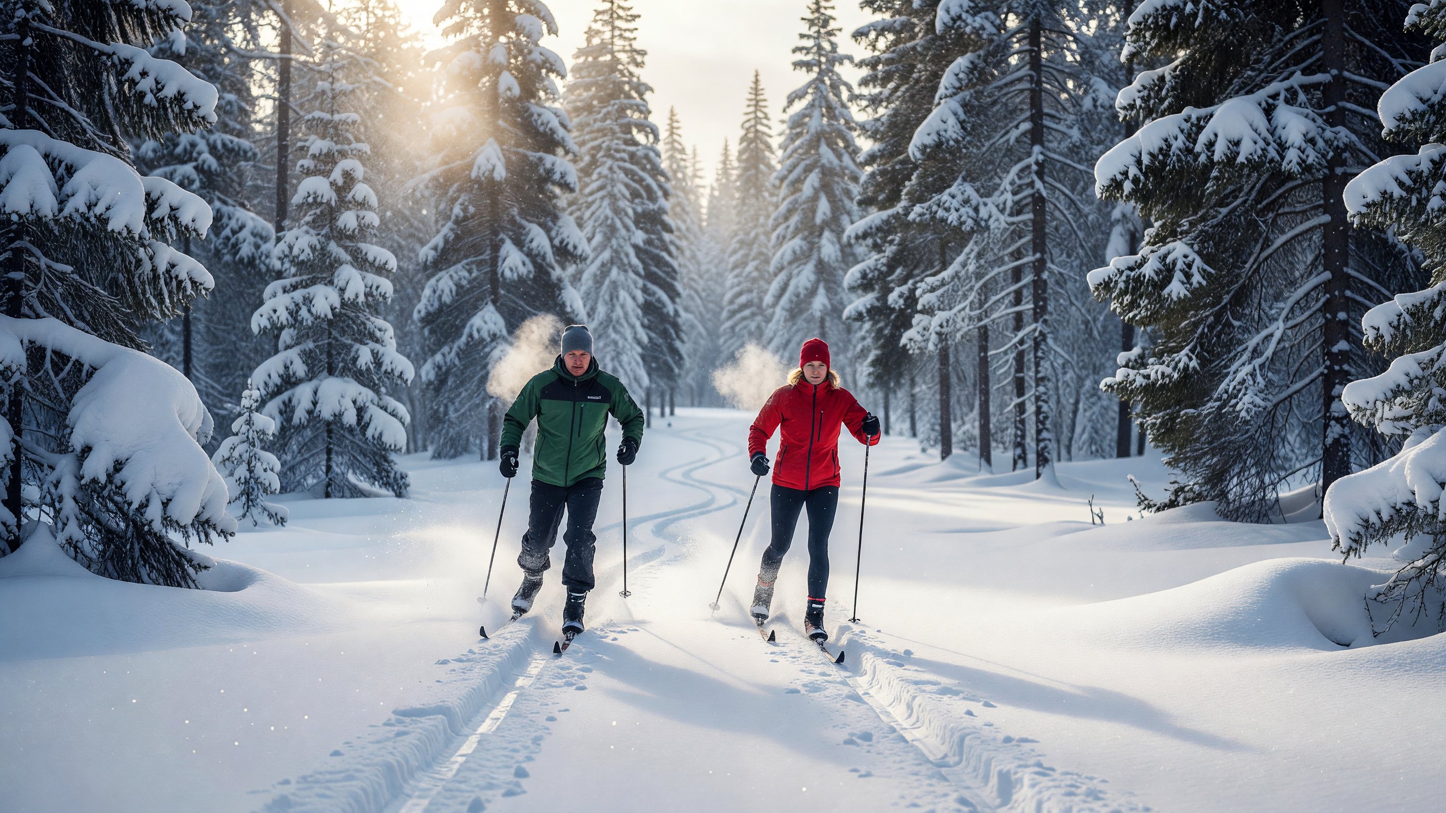 Two cross-country skiers moving through a snow-covered conifer forest in a national park, winter light filtering through the trees, their tracks stretching ahead through fresh powder