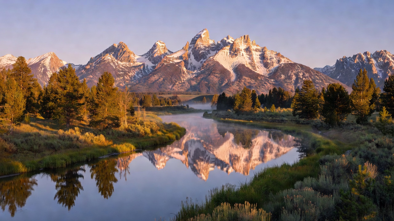 The Teton Range rising sharply above the Jackson Hole valley floor, reflected in the Snake River at Schwabacher Landing at sunrise