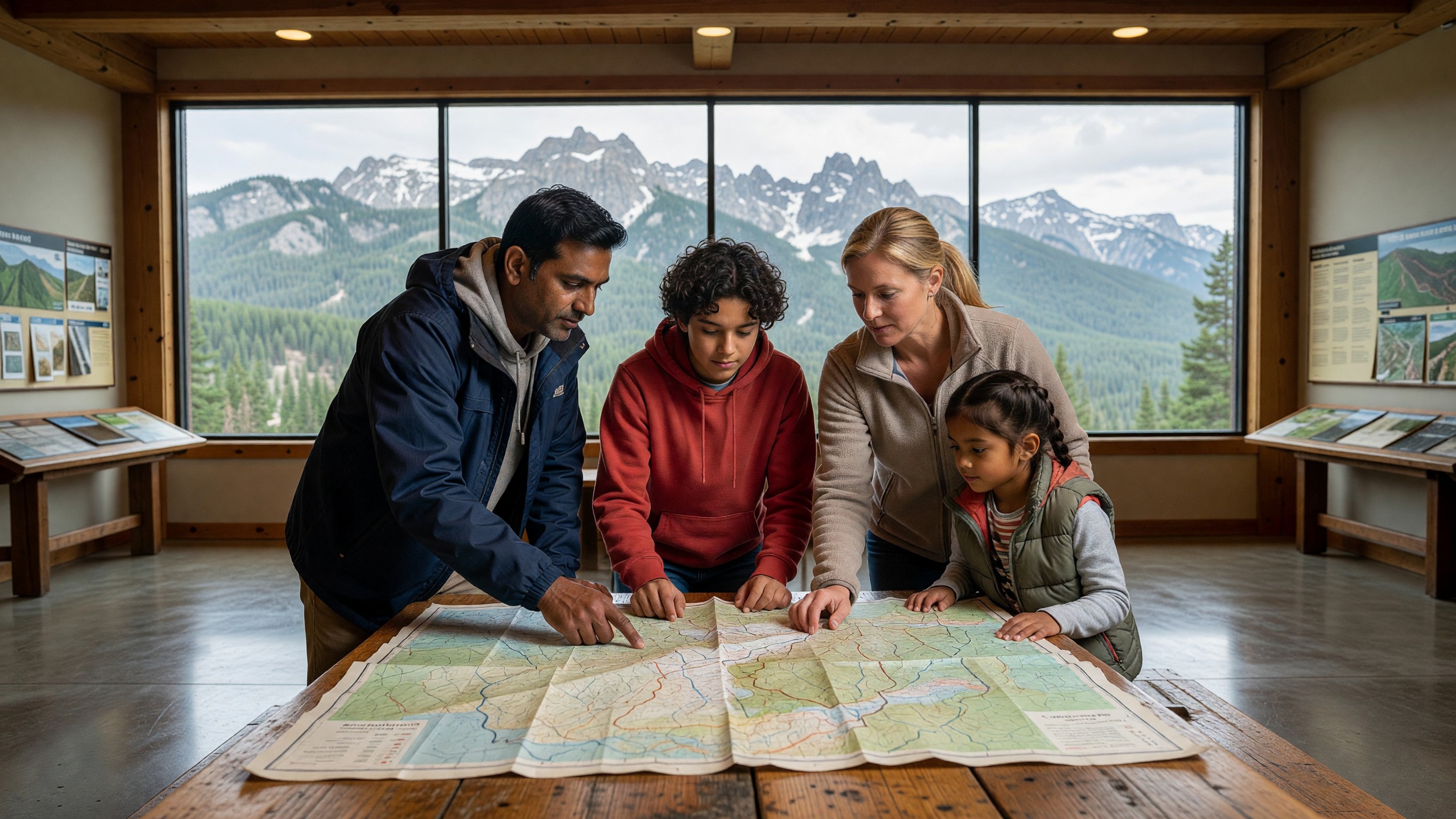 An international family consulting a paper map at a national park visitor center, mountains visible through the window behind them