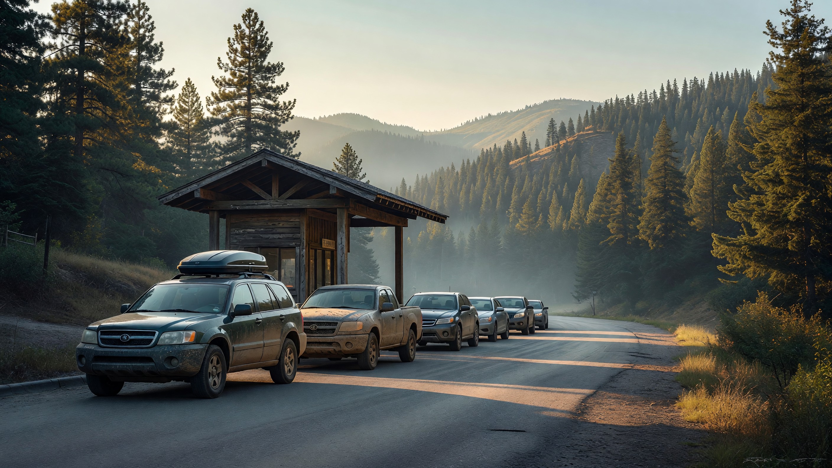A line of vehicles waiting at a national park entrance station on a late-summer morning with forested ridges behind
