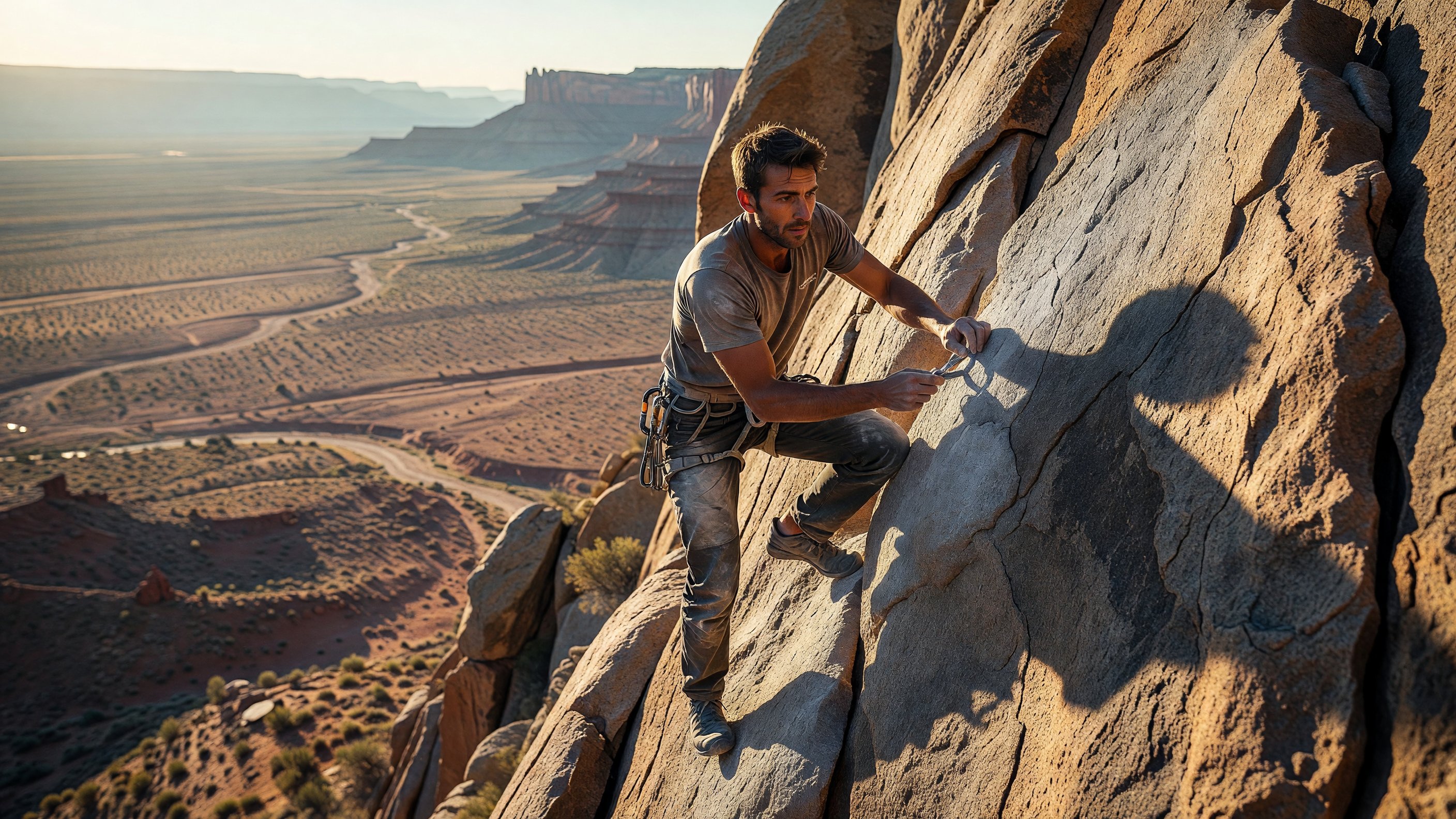 A rock climber placing gear on a granite crack route high above a desert valley floor, late afternoon sun casting long shadows across the cliff face