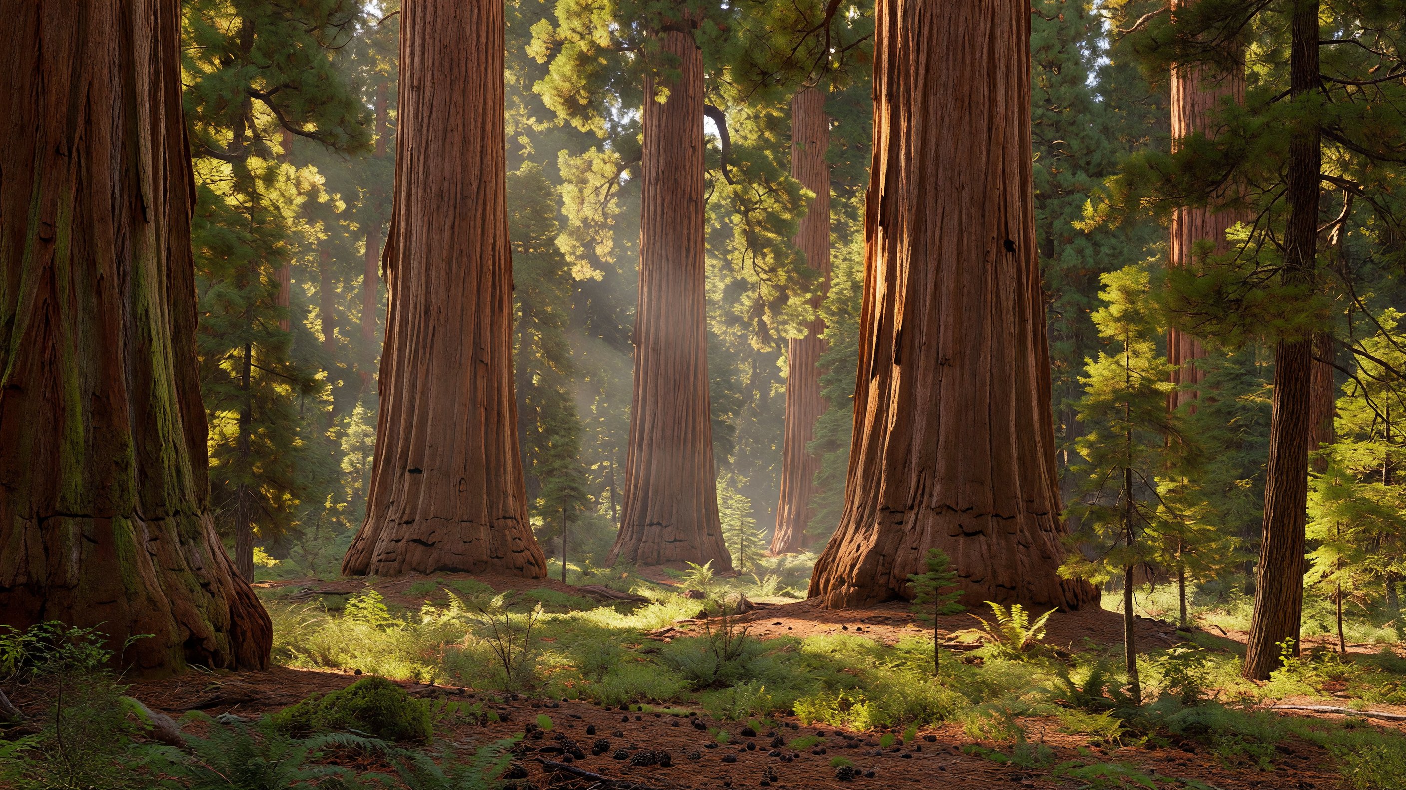 Giant sequoia trees rising through afternoon light in Giant Forest, Sequoia National Park, California
